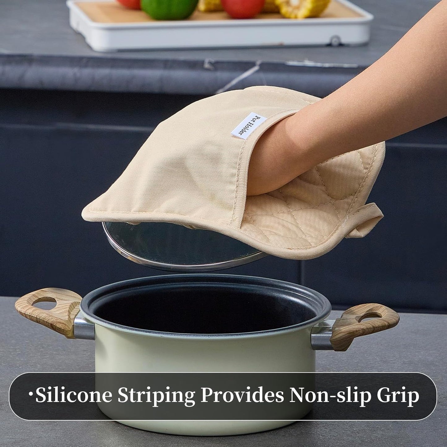 Kitchen Everyday Basic Pot Holder Heat Resistant Coaster Soft Silicone Water Resistant Pot Holder Set Oven Mitts with Pocket, 2 Piece Set, 7"x9" Beige