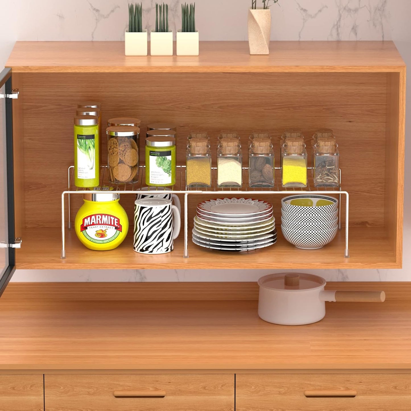 Redrubbit Cabinet Storage Shelf Rack, Expandable Metal Rustproof Kitchen Counter and Cabinet Shelf, Storage Rack Organizer Space Saver for Kitchen, Fridge, Cabinet, Bathroom, Chrome