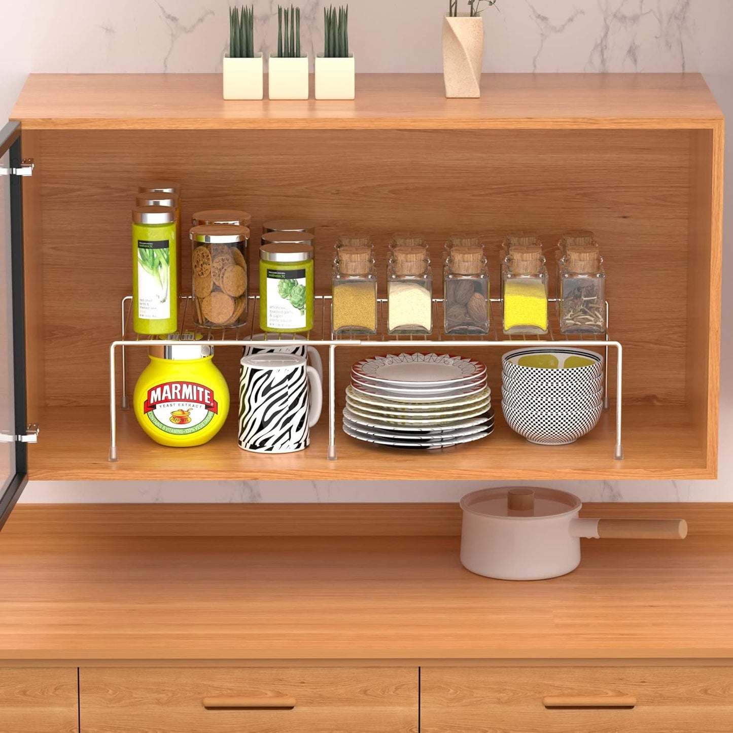 Redrubbit Cabinet Storage Shelf Rack, Expandable Metal Rustproof Kitchen Counter and Cabinet Shelf, Storage Rack Organizer Space Saver for Kitchen, Fridge, Cabinet, Bathroom, Chrome, Set of 6