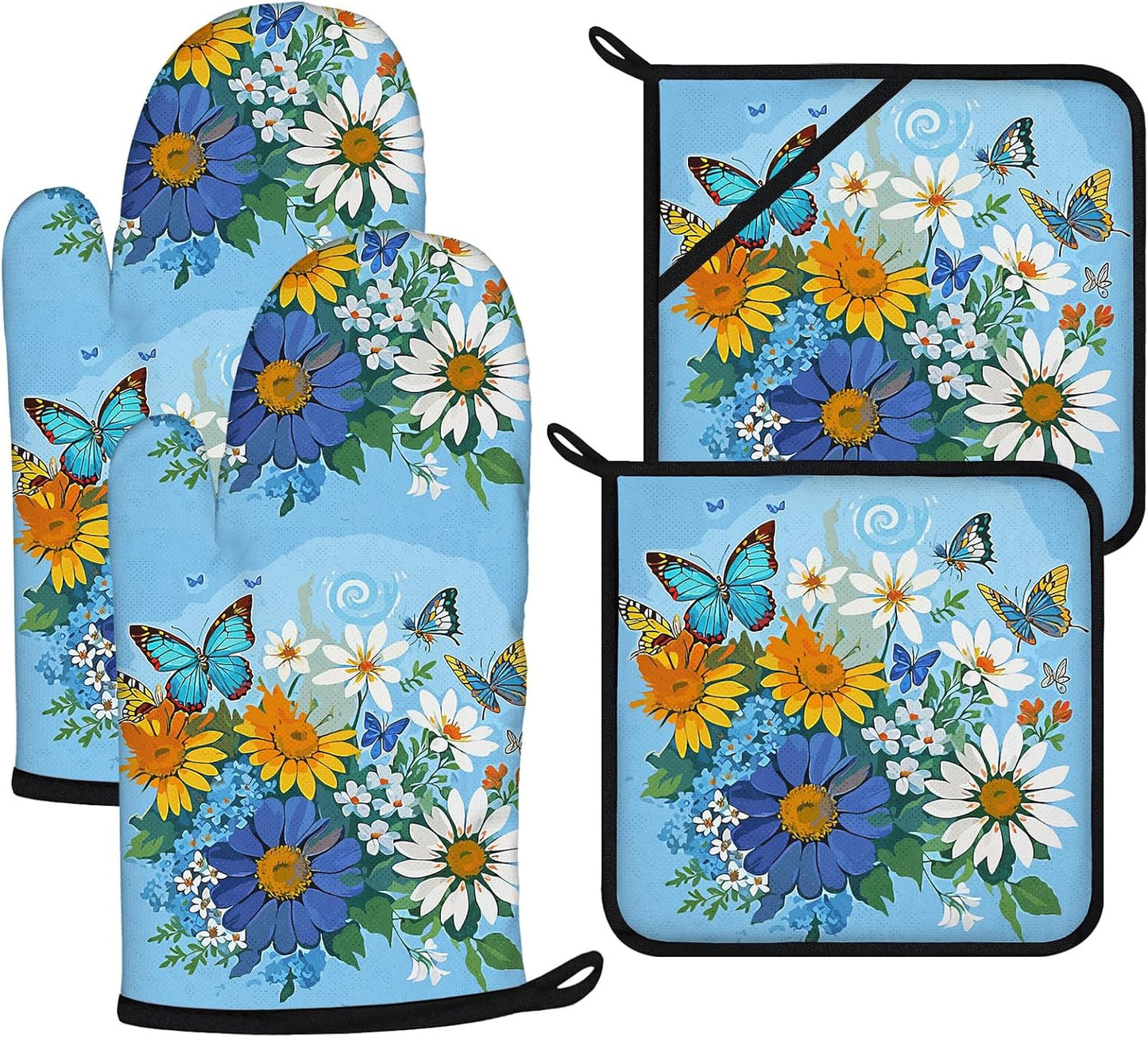 Sunflower Butterfly Oven Mitts and Pot Holders Sets 4Pcs,Extra Long Oven Gloves Potholder for Kitchen Cooking Baking BBQ 100% Cotton Heat Resistant