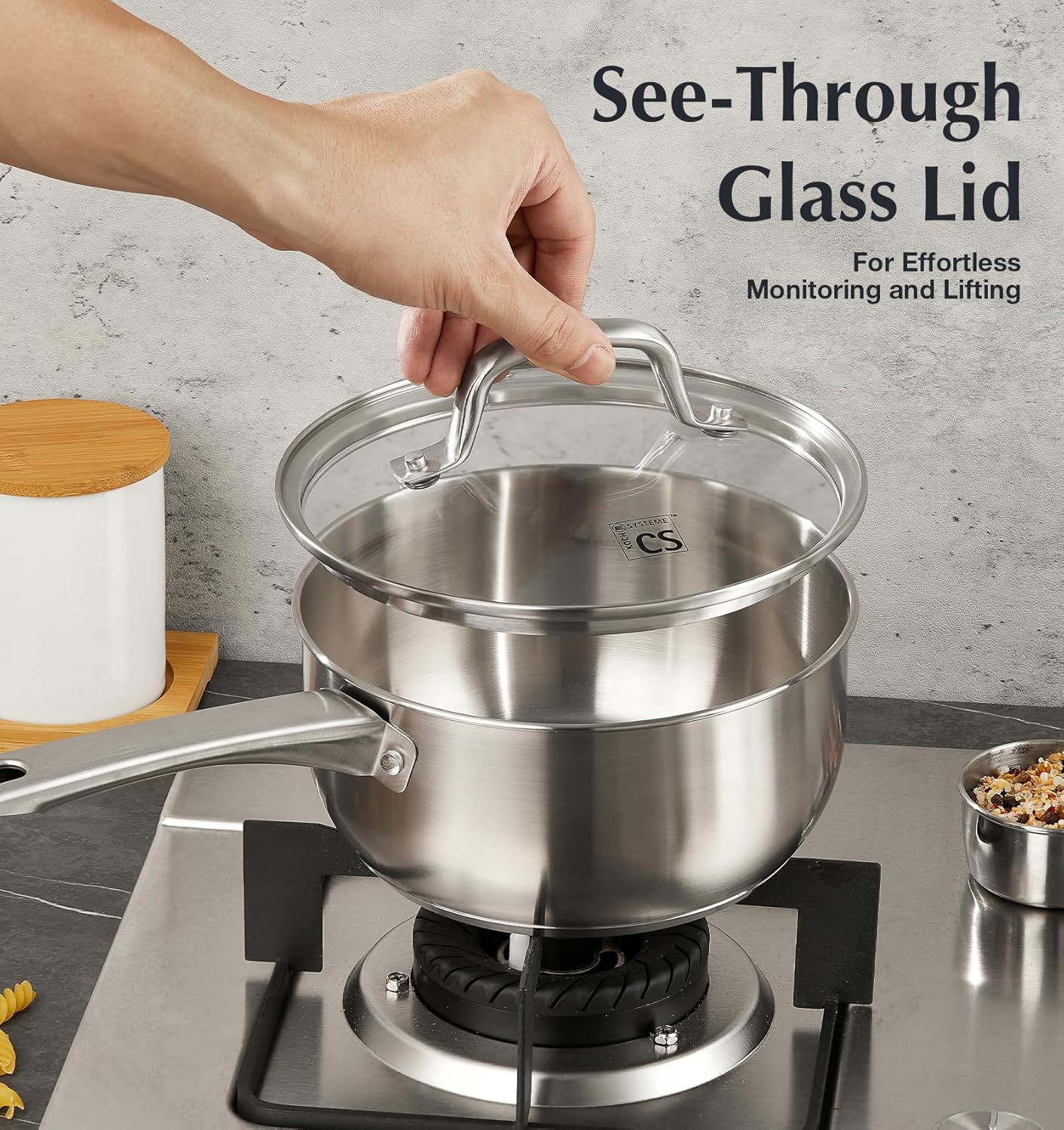 KOCH SYSTEME CS Stainless Steel Saucepan Set, 1QT & 2QT & 3QT Sauce Pan, Premium 18/10 Steel Sauce Pan Set, Induction Saucepans, Stainless Steel Pot Set 6 Piece, Easy to Clean, Oven Safe