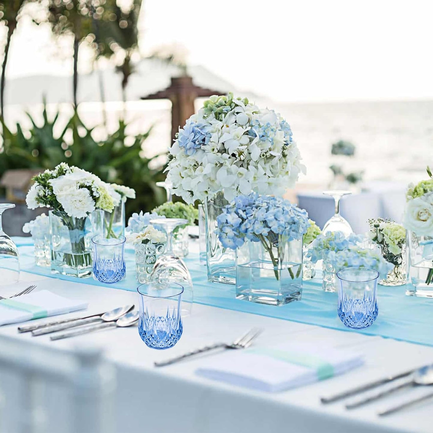 12 PCS Blue Stemless Wine Glasses，Plastic Reusable Cups 9OZ Vintage Drinking Glasses Tumblers for Whisky, Beer, Juice, Beverages, Cocktai