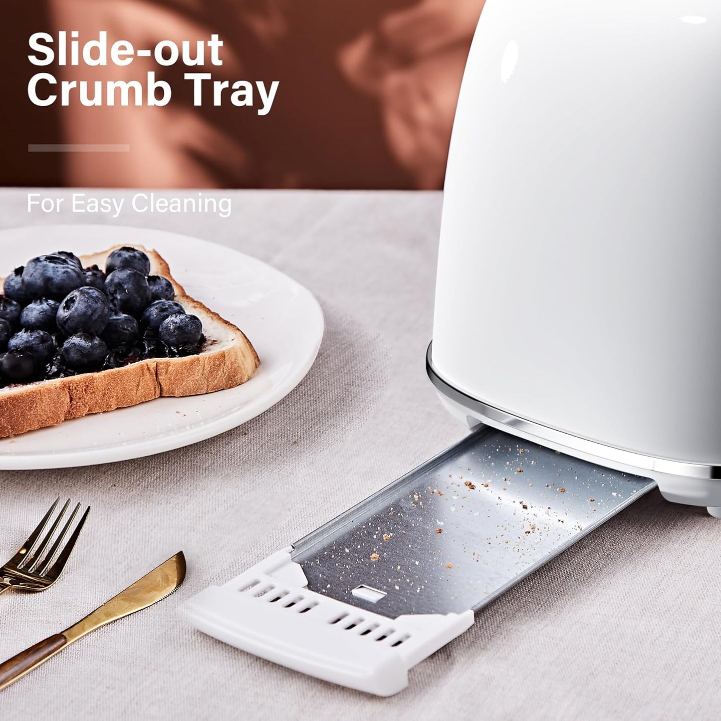 2 Slice Toaster Retro Stainless Steel with Bagel, Cancel, and Defrost Functions, 6 Bread Shade Settings, Extra Wide Slots and Removable Crumb Tray, White