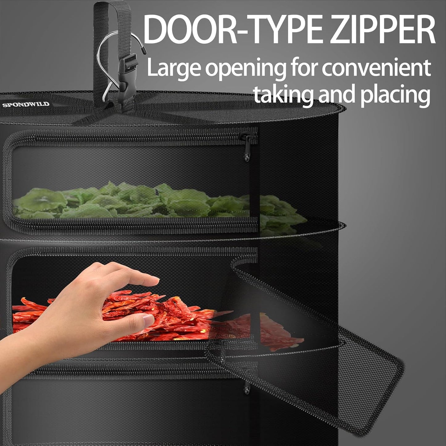 Herb Drying Rack Hanging Mesh Net，Medium 4+1 Layer Plant Drying Rack with Door-Type Zipper & Closed Storage Compartment for Folding Basket Dryer Fitting in Grow Tents,Garden Outdoor