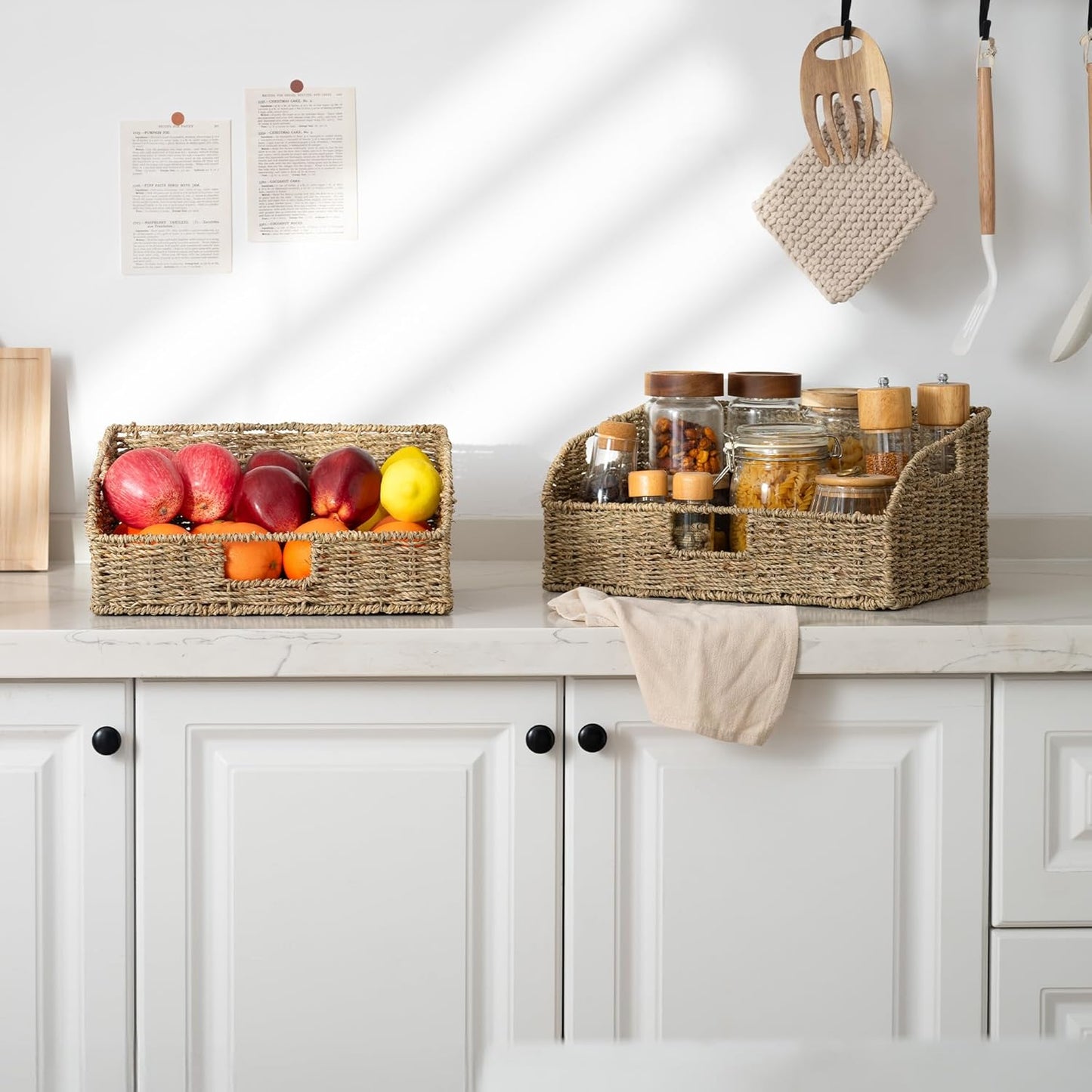 StorageWorks Pantry Baskets for Organizing, Seagrass Storage Baskets for Shelves with Built-in Handles, Pantry Organizers and Storage, Set of 2 (Large and Medium)