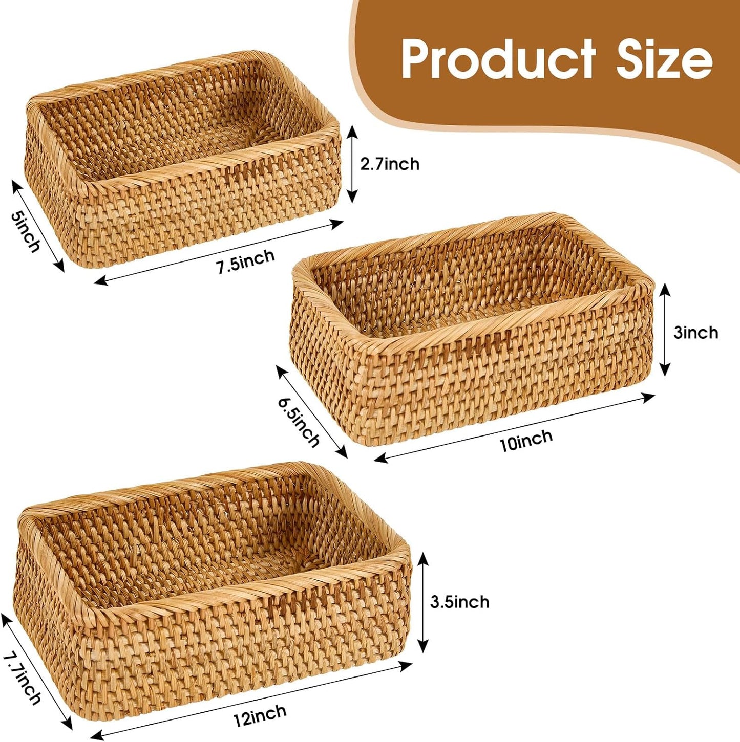 Natural Rectangular Rattan Storage Baskets (Set of 3), Hand Woven Food and Fruit Serving Baskets, Wicker Organizer for Living Room, Bedroom, Kitchen