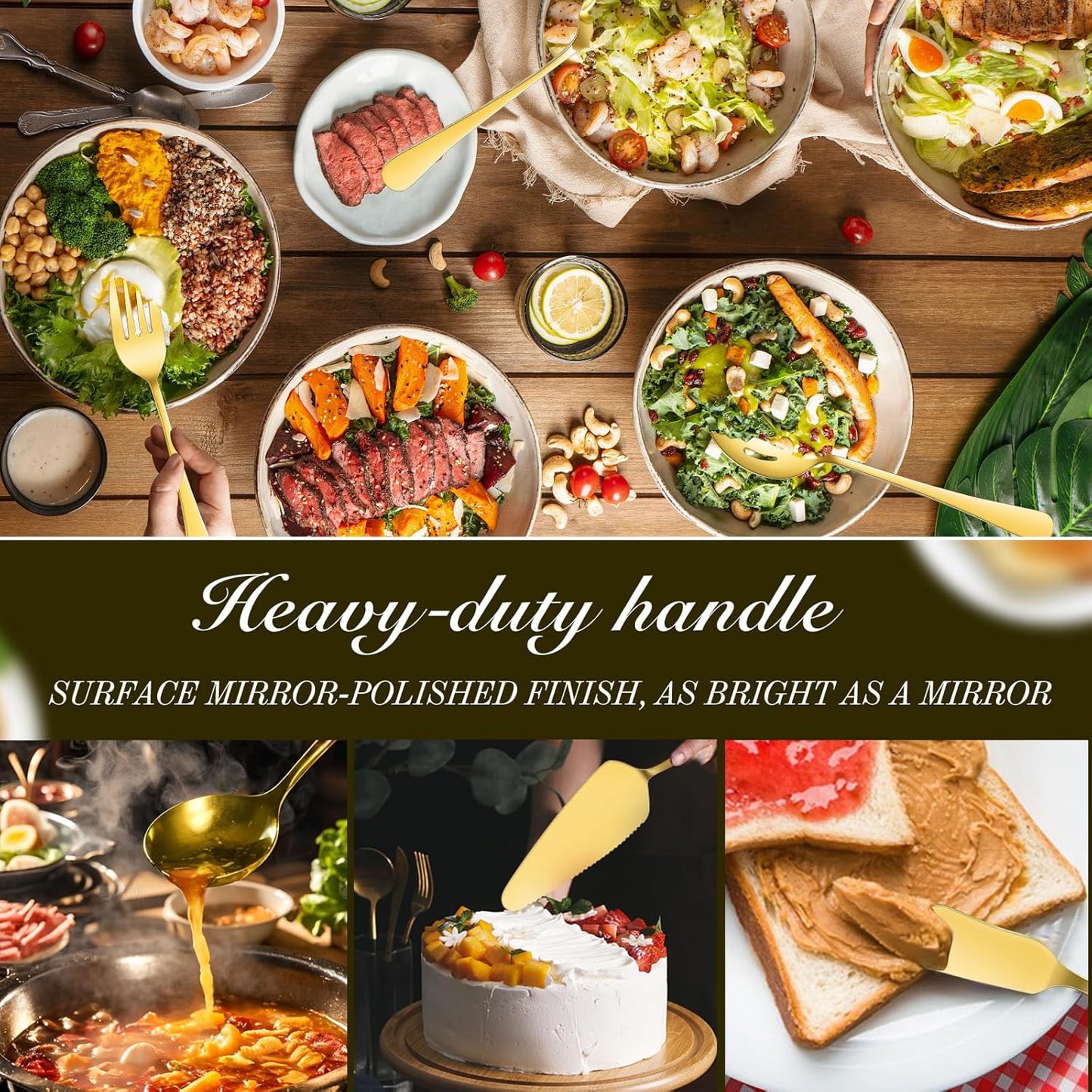 Gold 17 Pieces Serving Utensils Include Large Serving Spoons,Slotted Serving Spoons,Serving Forks,Serving Tongs,Appetizers Tongs,Soup Ladle and Pie Cake Server for Buffet Catering (Gold, 17 Pcs)