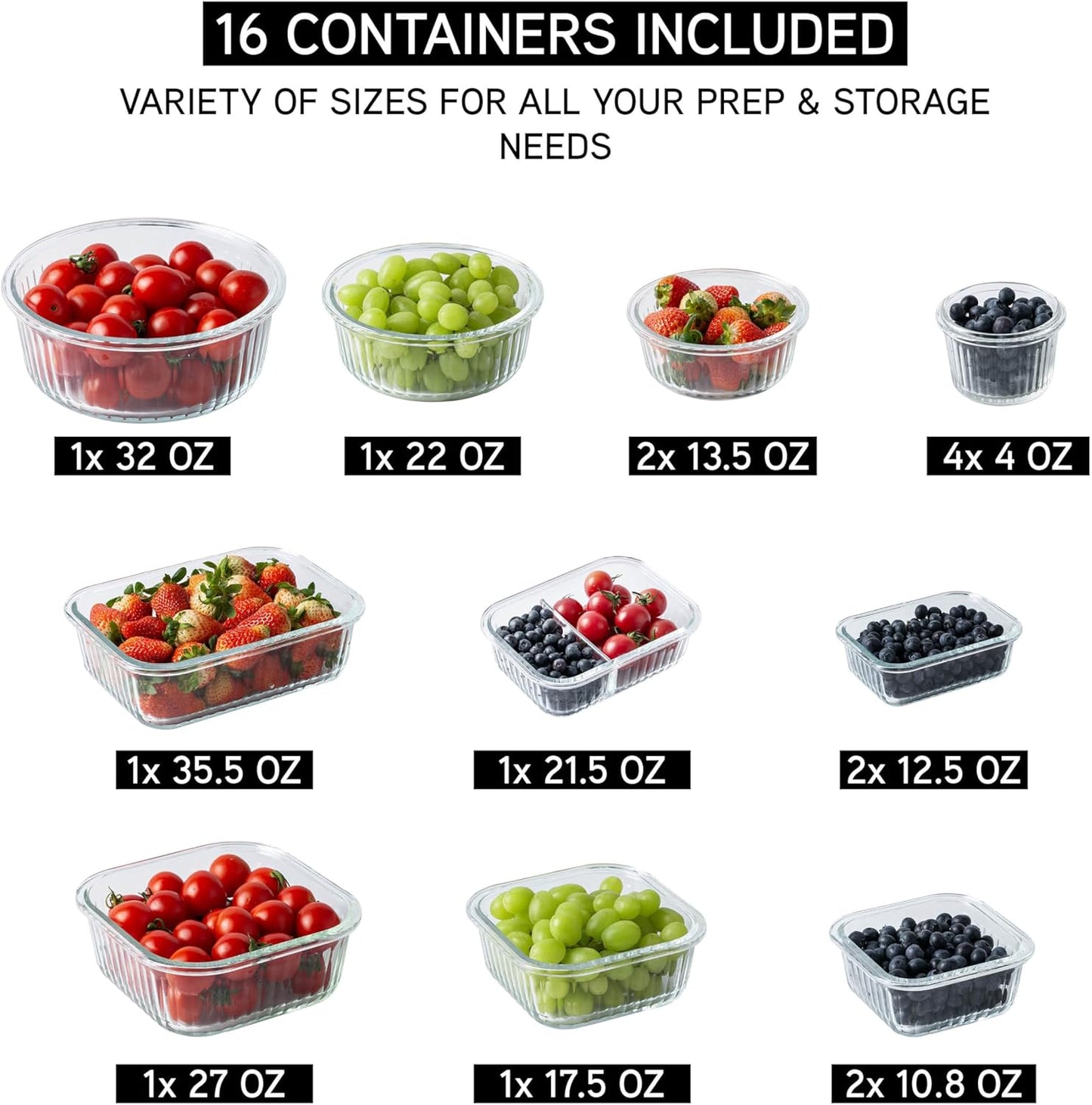 COOK WITH COLOR Premium 32-Pc. Borosilicate Glass Food Container Set with Dividers - 4 Rectangles, 8 Rounds, 4 Squares - Leakproof Lids - Meal Prep, Storage, Fluted Ombre Black