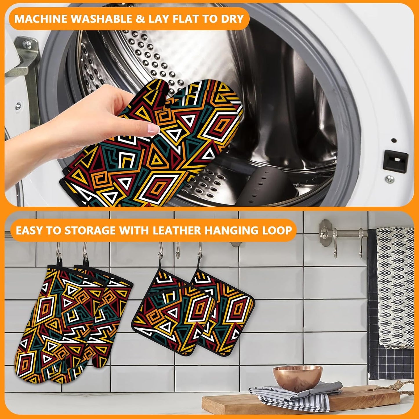 African Geometric Oven Mitts and Pot Holders Sets 4Pcs,Extra Long Oven Gloves Potholder for Kitchen Cooking Baking BBQ 100% Cotton Heat Resistant