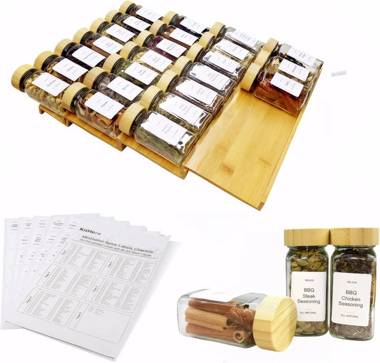 Spice Drawer Organizer with 24 Bamboo-lidded Spice Jars and 216 Labels,Non-slip Rubber, Bamboo 4 Tier Spice Racks Tray Seasoning Containers for Kitchen Drawers,Cabinets,13" Wide * 15.8" Deep