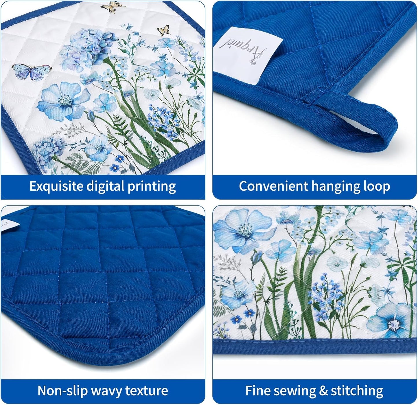 Blue Floral Oven Mitts and Pot Holders Sets 2Pcs, 100% Cotton Heat Resistant, Extra Long Oven Gloves Potholder for Kitchen Cooking Baking Decoration