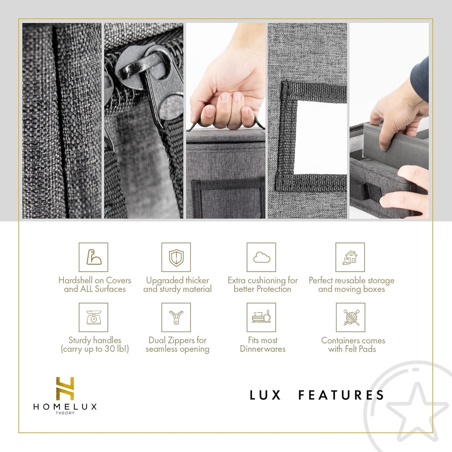 HOMELUX THEORY Hard Shell China Storage Containers for Dishes, 2pcs 10"x8" Plate Storage, Square Storage Containers with Lid, Heavy Duty Fine China Dish and Dinnerware Storage with 30 Felt Pads