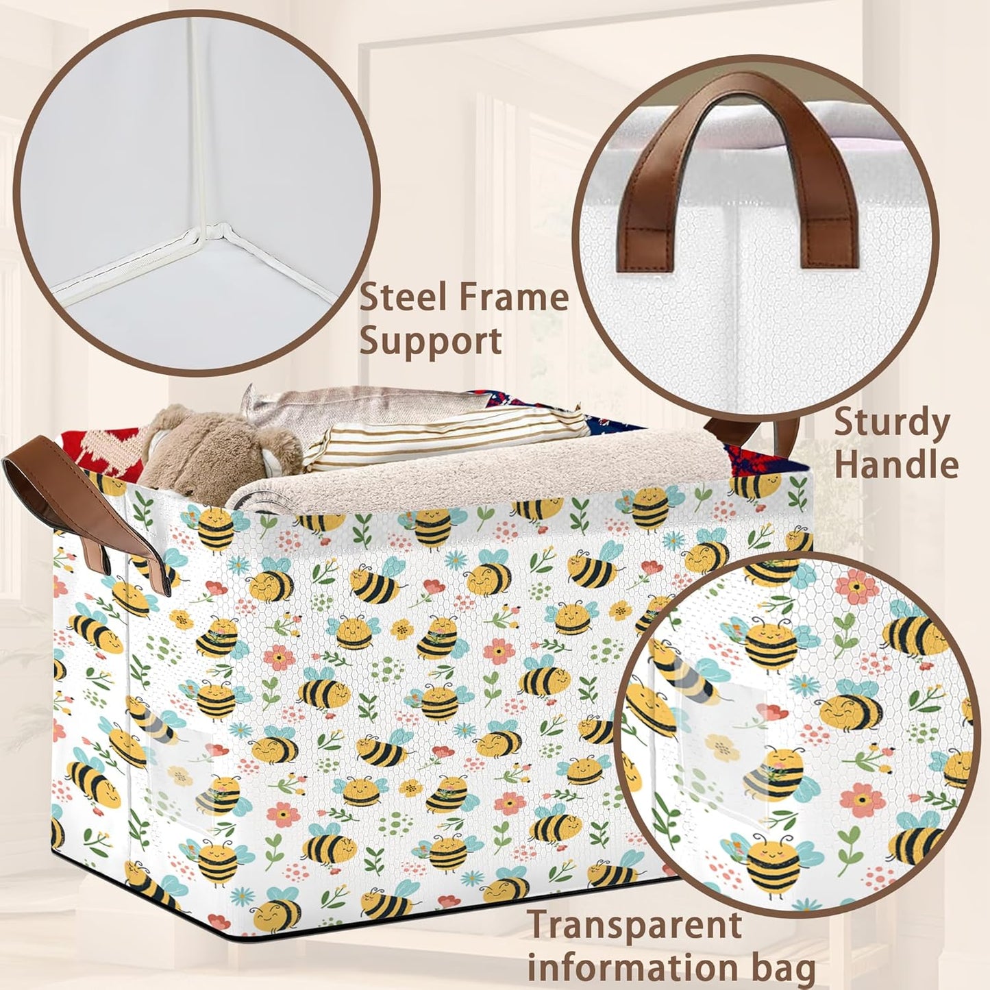Honeybee Floral Storage Basket Large 17x11.5x10.5 Inche-Collapsible Fabric Organizer Bin with Handles for Garden Decor, Nursery, Spring Theme-Decorative Hamper with Botanical Insect-Single Pack