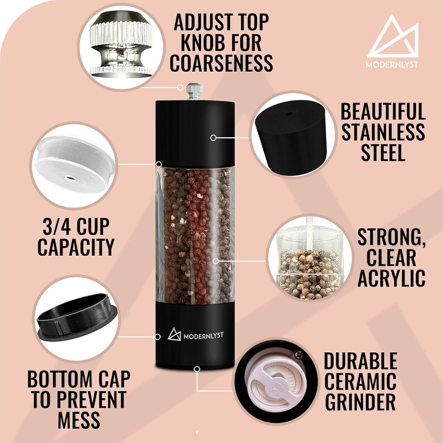 Manual Salt and Pepper Grinder Set of 2 | Large Round Salt and Pepper Shakers Set | 7.5 inch Stainless Steel Salt Grinder Refillable | Pepper Grinder Manual (Black)