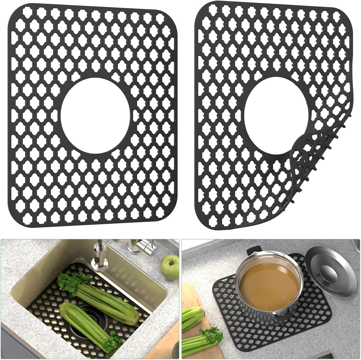 TOOVEM Kitchen Sink Mats, 2PCS Non-Slip Heat Resistant Silicone Sink Protector Mat, Folding Farmhouse Sink Mats, Center Drain, Black