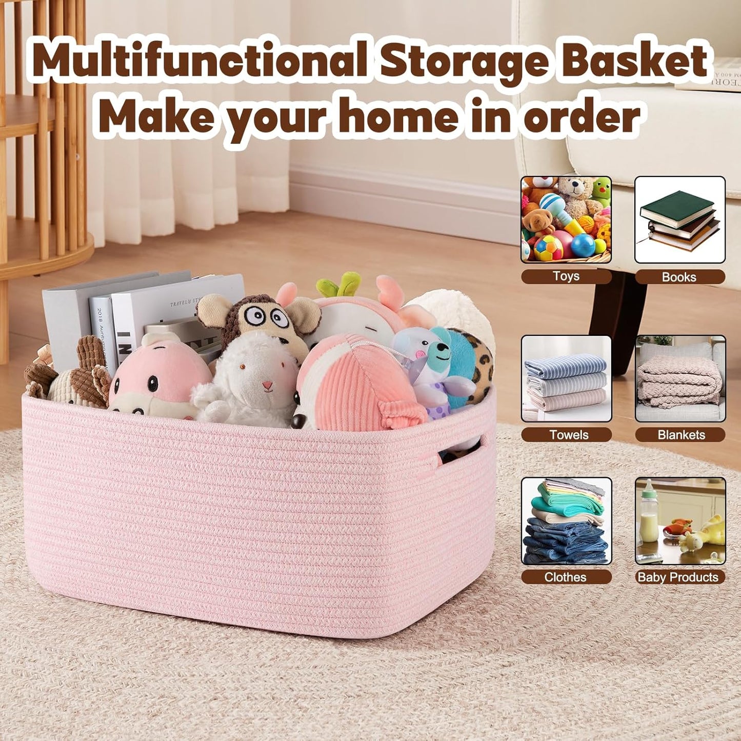 OIAHOMY Storage Basket for Shelves, Closet Cube Storage Bins Baskets for Clothes Blanket Towels, Baby Nursery, Toy Baskets Box, Woven Rope Basket, 15.75*11.81*7.09 IN, 2 Packs Mixed Pink