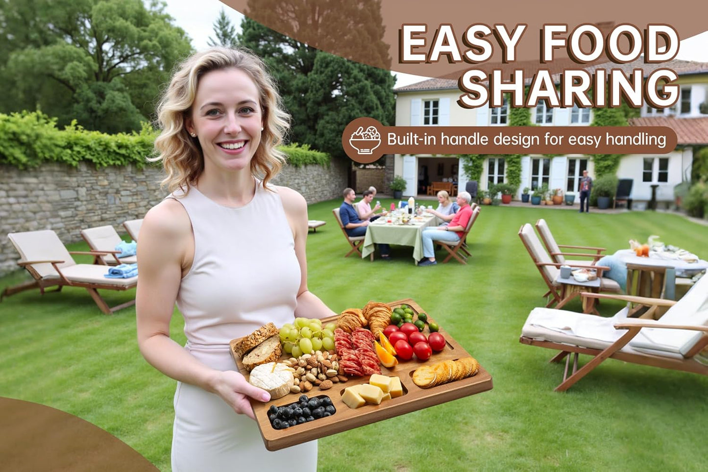 Acacia Wood Cutting Board Set,Thick Wooden Cutting Board for Kitchen with Holder,Chopping Board with Deep Grooves&Built-in Handles, Wooden Charcuterie Board Trays for Meat,Fruit,Cheese