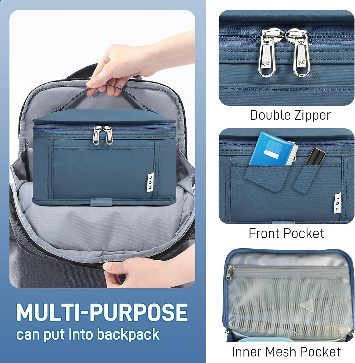 NOL Natural Organic Lifestyle Small Lunch Bag Mini Lunch Box Insulated Lunch Bag for Men/Women Leakproof Cooler Tote Bag Lightweight Nylon Waterproof Lunch Box For Work, Dusty blue