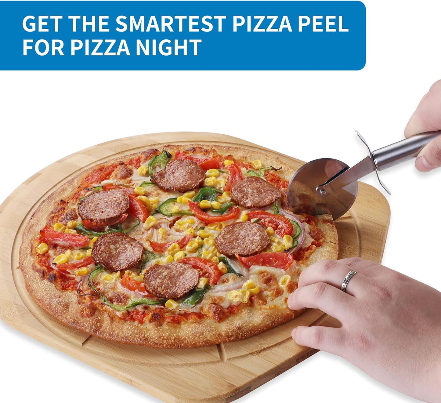 12” Bamboo Pizza Peel - Lightweight Smooth Wooden Pizza Paddle and Pizza Cutting Board with 8 Slice Grooves, Outdoor Pizza Oven Accessories, 17.3 Inch x 12.2 Inch