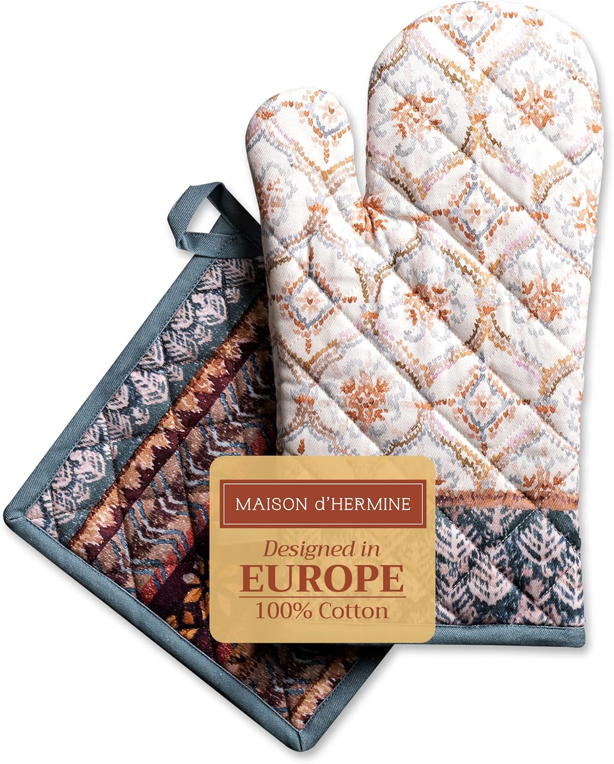 Maison d' Hermine 100% Cotton Oven Mitt & Pot Holder Set (7.5"x13" & 8"x8") Heat Resistant BBQ Cooking Gloves with Loop, Baking, Grilling, Kitchen, Handling Hot Pans (Fair Isle)