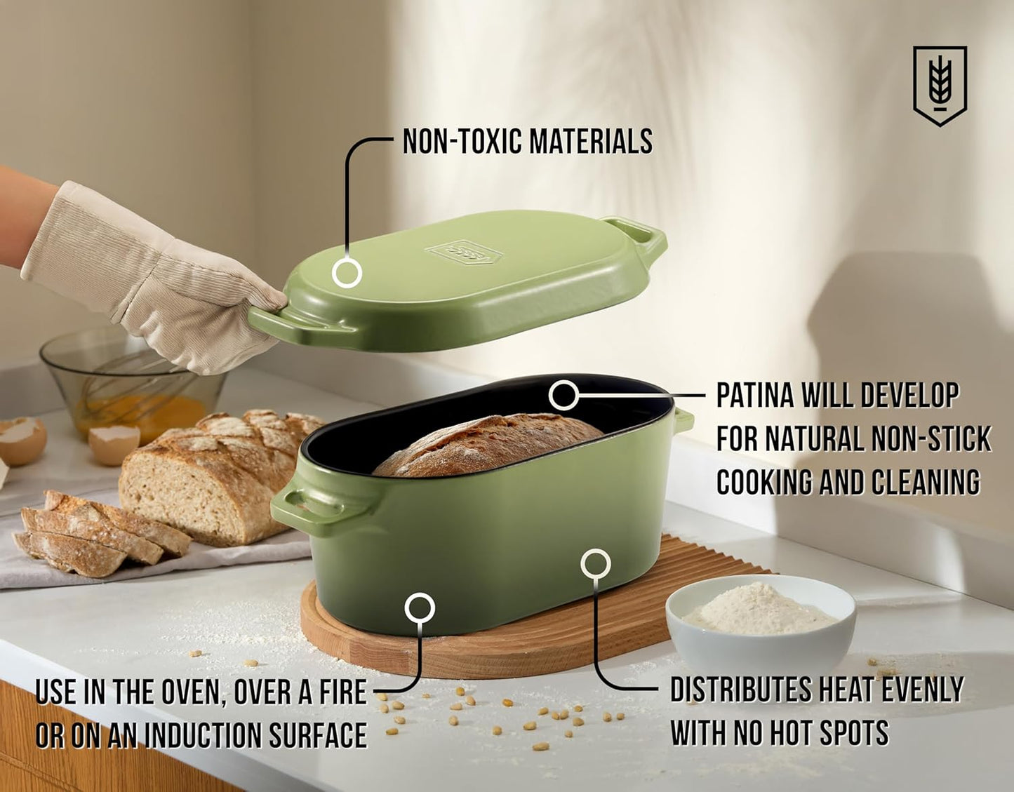 Kook Dutch Oven with Lid, Dual Handles, Enameled Cast Iron, Great for Baking Bread, Cooking and Roasting, Dishwasher Safe, 3.4 Qt, Sage Ombre
