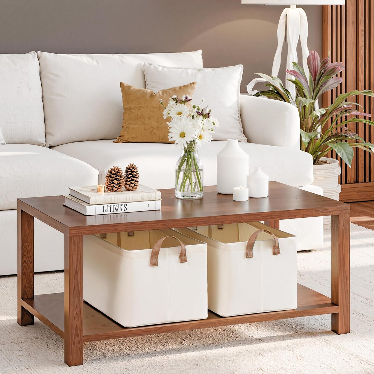 StorageWorks Storage Bins, Shelves Baskets for Organizing, Large Fabric Closet Organizers with Handles, Metal Frame, Natural Color, 2-Pack