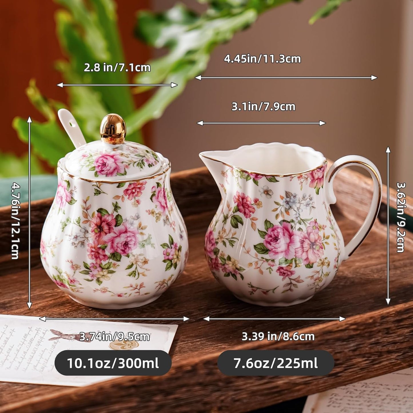 Ceramic Sugar and Creamer Set, 3 Piece Set with Cream Pitcher, Sugar Bowl, Sugar Set with Lid and Spoon (White with flower)