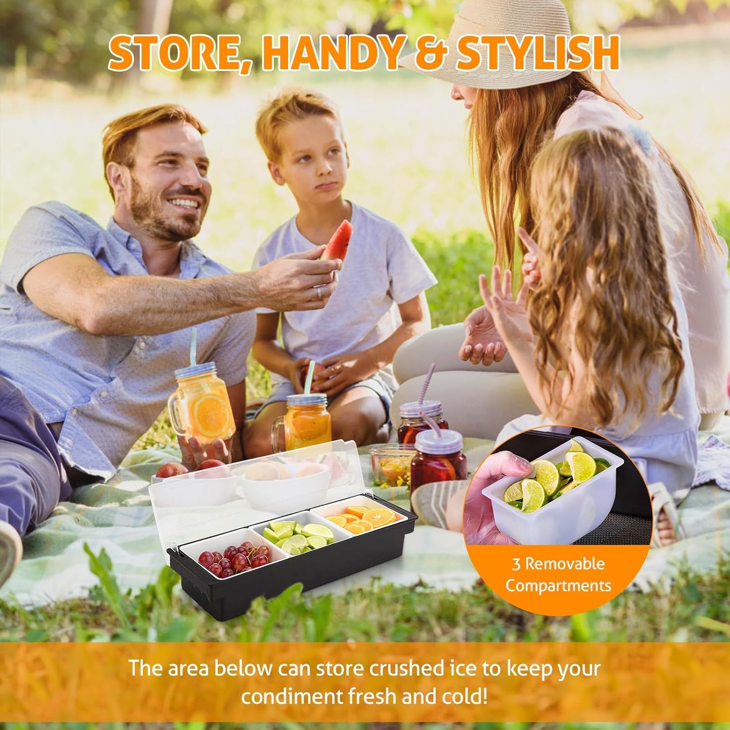 WICHEMI Fruit, Veggie & Condiment Caddy with Lid Dispenser Tray Plastic Garnish Station for Bartending & Serving Taco, Ice Cream, Salad Bar - Topping Organizer for Restaurant Supplies (3 Compartment)