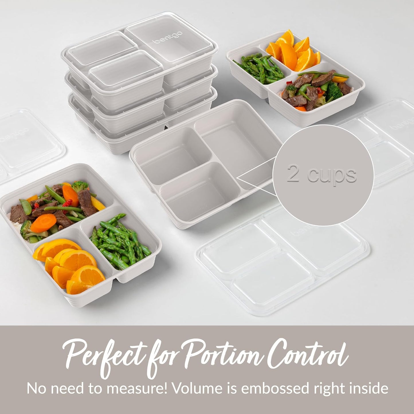 Bentgo 20-Piece Lightweight, Durable, Reusable BPA-Free 3-Compartment Containers - Microwave, Freezer, Dishwasher Safe - Stone Gray