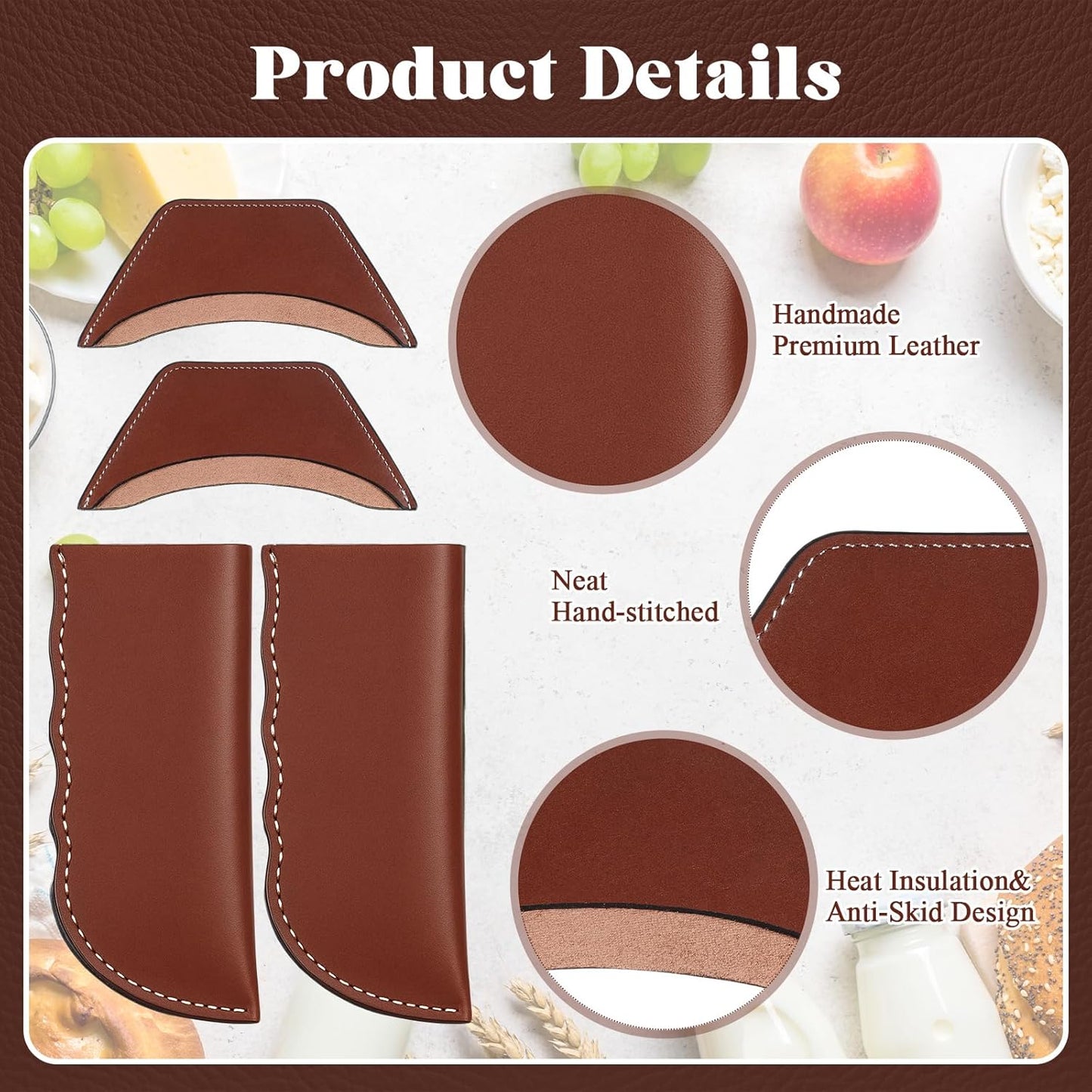 Baderke 4 Pcs Leather Cast Iron Handle Cover Handmade Leather Heat Resistant Skillet Handle Set Pot Holder for Hot Frying Pans, Pots(Dark Brown)