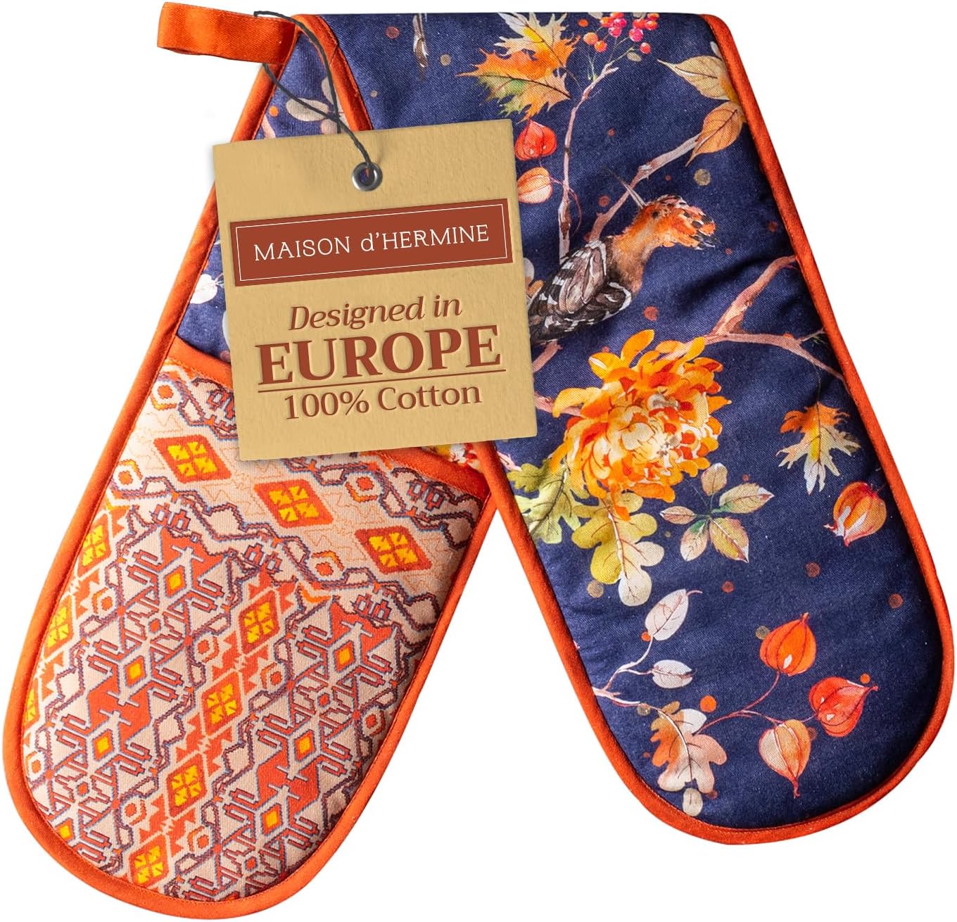 Maison d' Hermine Double Oven Mitt 100% Cotton Heat Resistant Cooking Gloves with Loop, Baking Barbeque, Handling Hot Pan, Kelim - Infinity - Thanksgiving/Christmas (7 Inch x 35 Inch)