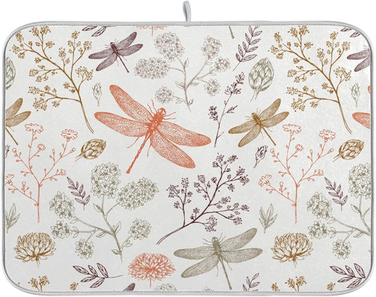Dragonfly Botanical Plant Dish Drying Mat for Kitchen Counter Absorbent Microfiber Drying Pad, Medium 16x18 in, Reversible Drainer Mats