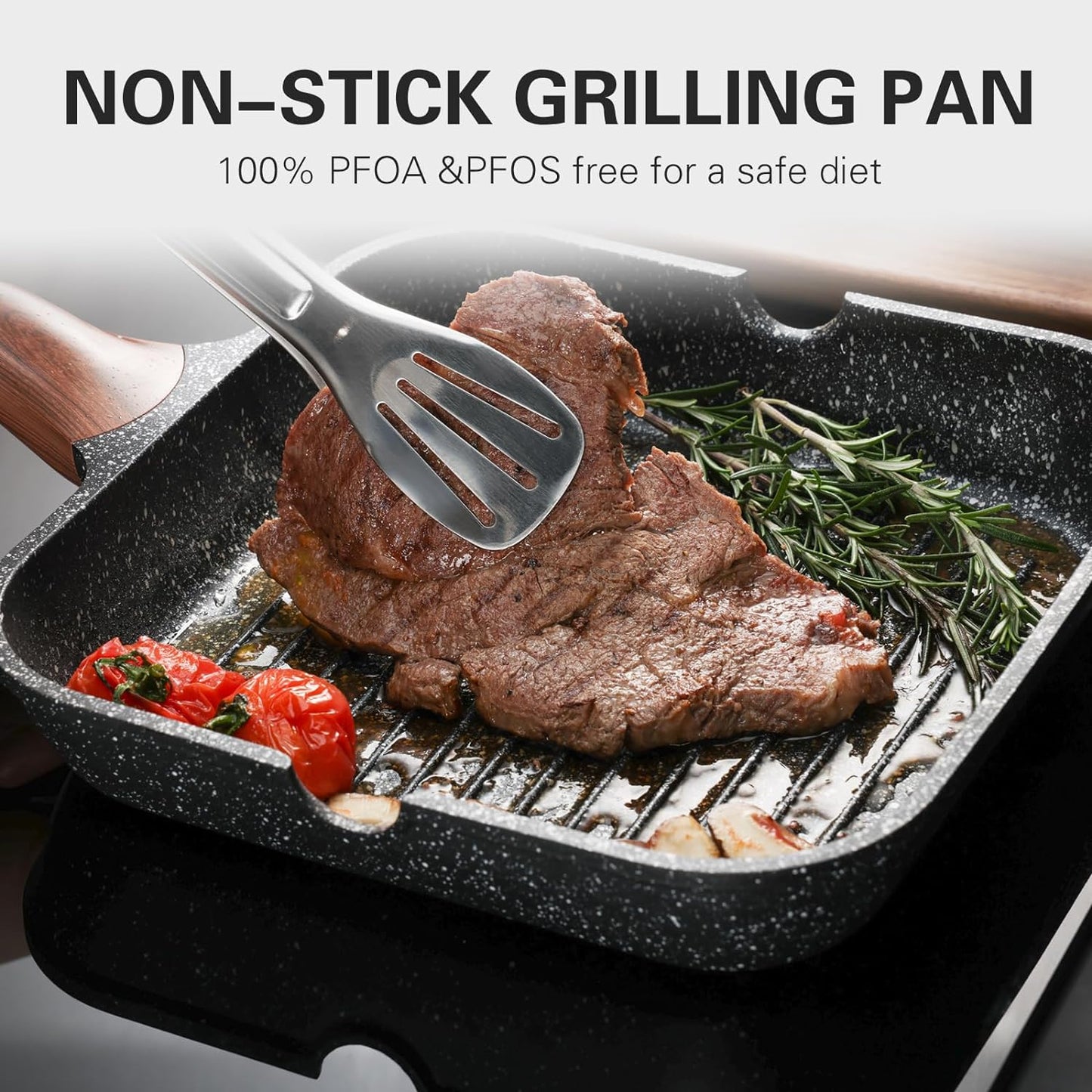 Nonstick Grilling Pan with Lid for Stove Tops, 11 Inch Square Grill Pan for Indoor Cooking, Granite Coating Grill Skillet with Pour Spouts, Versatile Griddle, Induction Steak Pan, PFOA Free