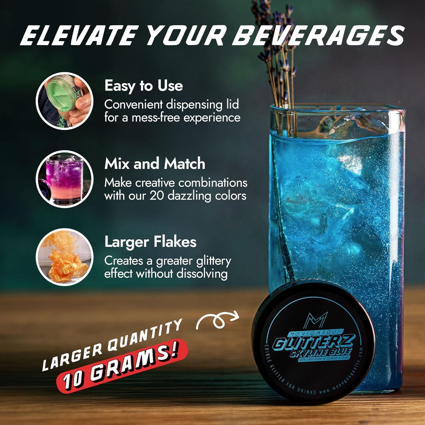 MONÉGASQUE Skyline Blue Edible Glitter for Drinks 10g – Blue Edible Glitter for Cakes & Halloween Cupcakes - Champagne, Beverage, & Cocktail Drink - Food Decorating Sprinkles & Cake Decorations Spray