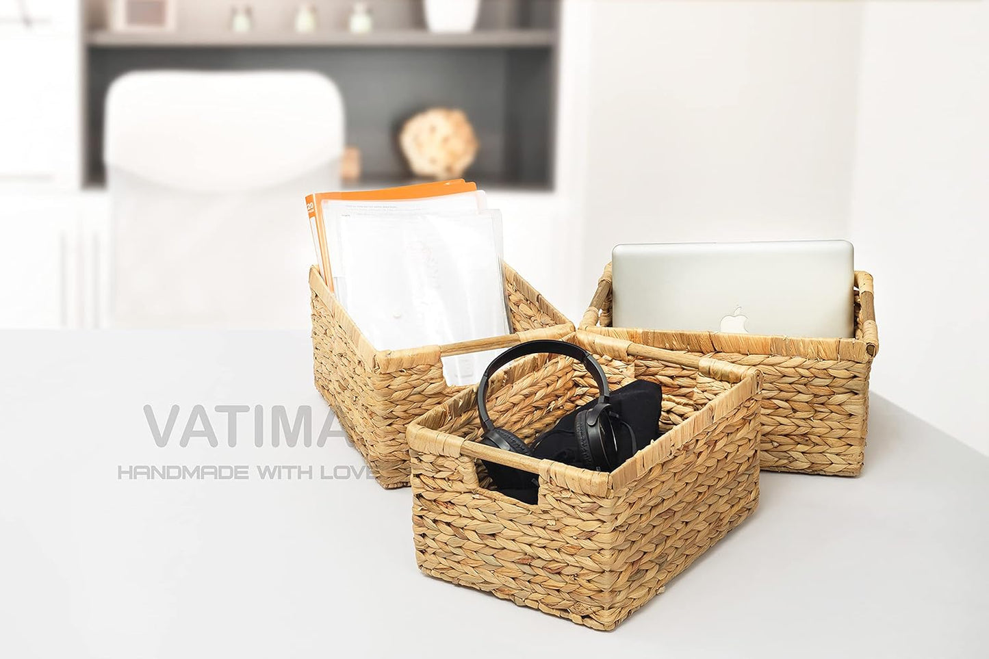 Large Wicker Basket Rectangular with Wooden Handles for Shelves, Water Hyacinth Basket Storage, Natural Baskets for Organizing, Wicker Baskets for Storage 14.5 x 10.3 x 7.5 inches - 3 Pack