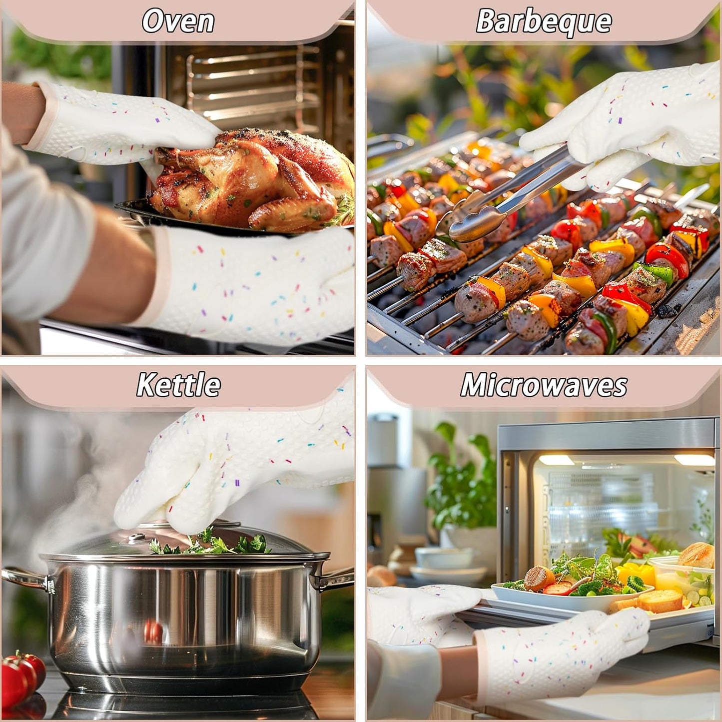 Oven Mitts with Fingers, Heat Resistant 500°F, Waterproof & Non-Slip Kitchen Gloves for Baking, Grilling, Cooking - 5-Finger Design with Soft Lining, Hanging Hook,Candy Bar