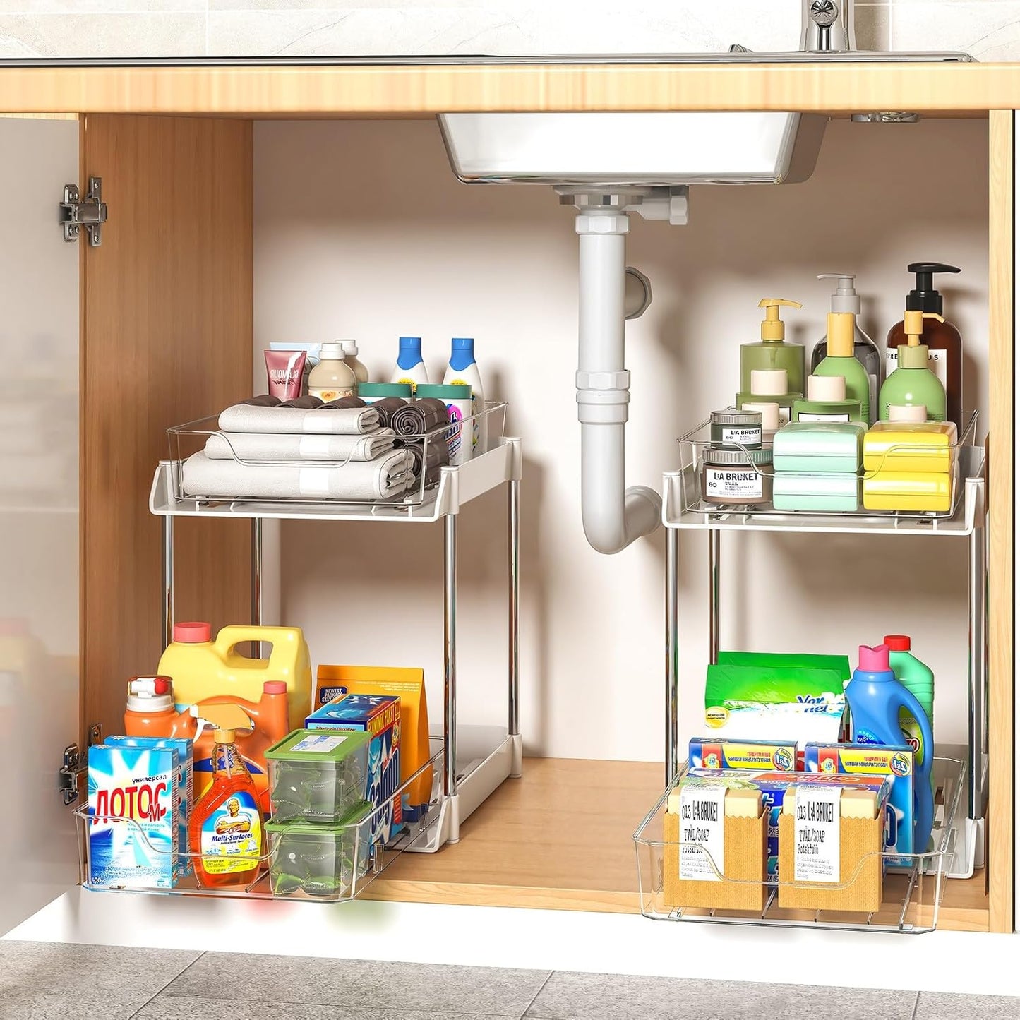JLKDQ 4 Pack Bathroom Under Sink Organizers and Storage, 2-Tier Pull Out Cabinet Organizer and Medicine Storage Shelf,Fit Cabinets, Kitchens,Food Pantry. (White&Clear,10.63" L x 8.0" W x 8.46" H).