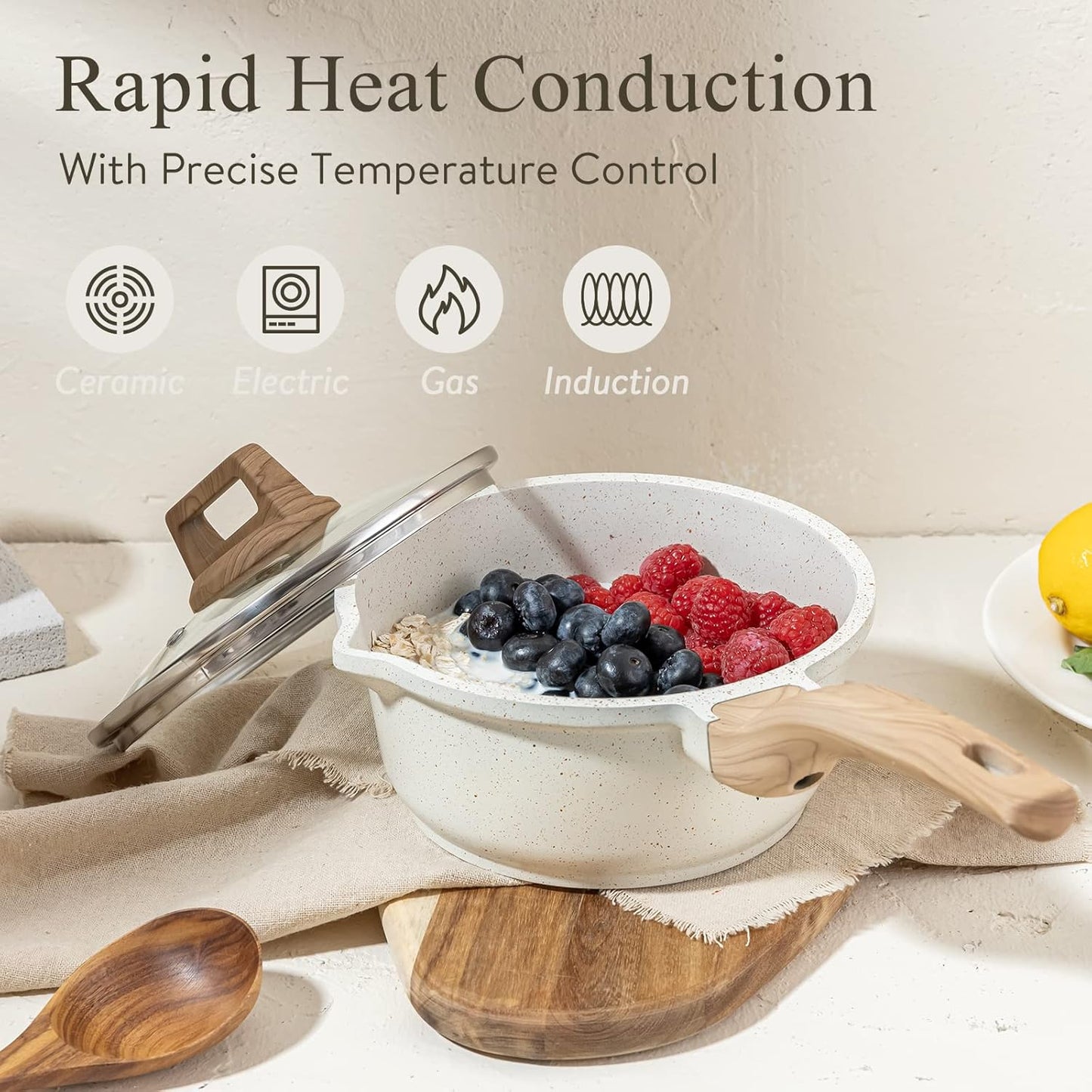 CAROTE 1.8Qt Sauce Pan Set with Lid Nonstick Saucepan Non Stick Sauce Pots Cooking Pot with Pour Spout, Easy to Clean, Small Kitchen Pots Induction Pot, PFOA FREE (White Granite)