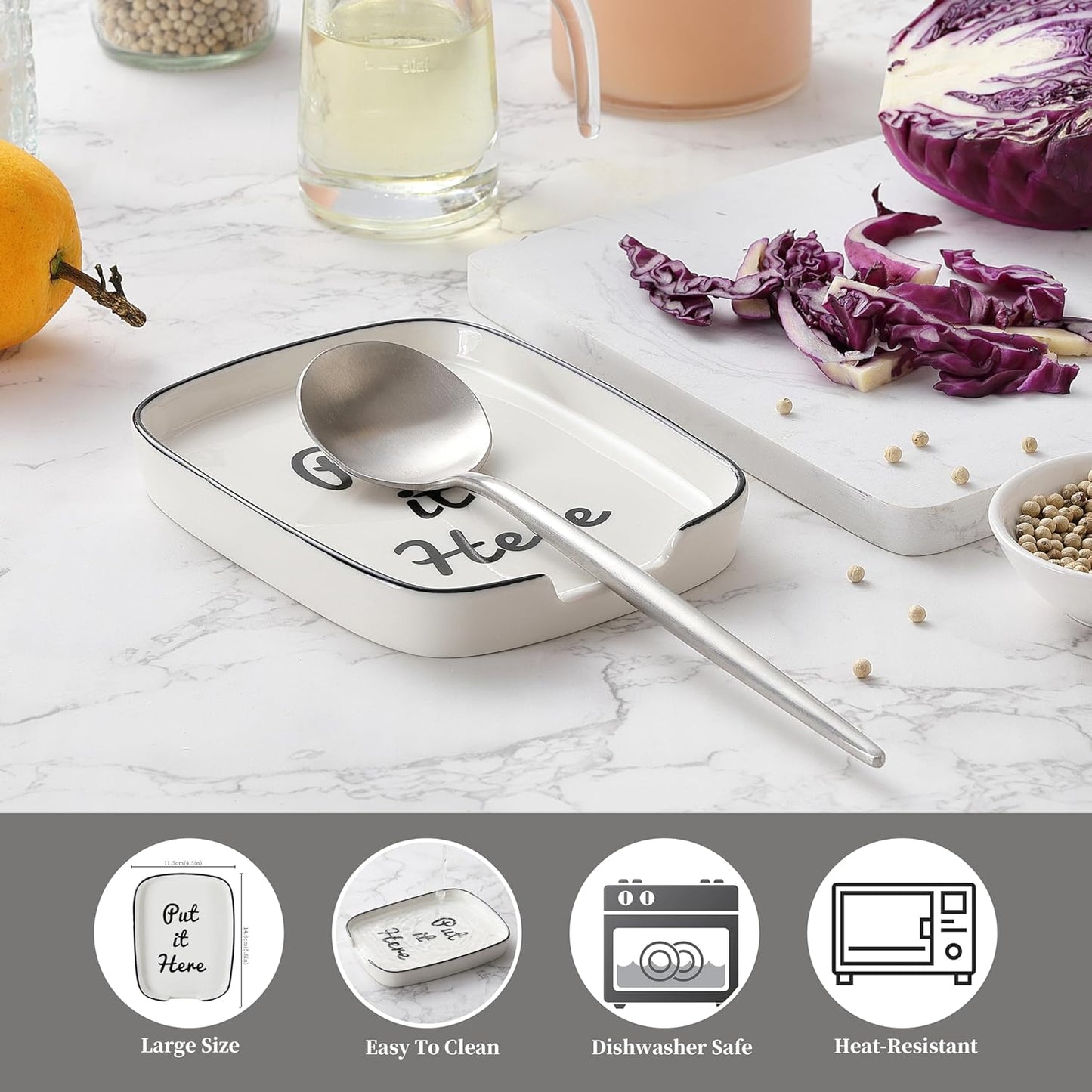 Spoon Rest for Stove Top, Ceramic Spoon Holder for Kitchen Counter, White and Cute Coffee Spoon Rest, Large Cooking Utensil Rest for Spoon, Spatula, Ladle (5.8 * 4.5 inch)