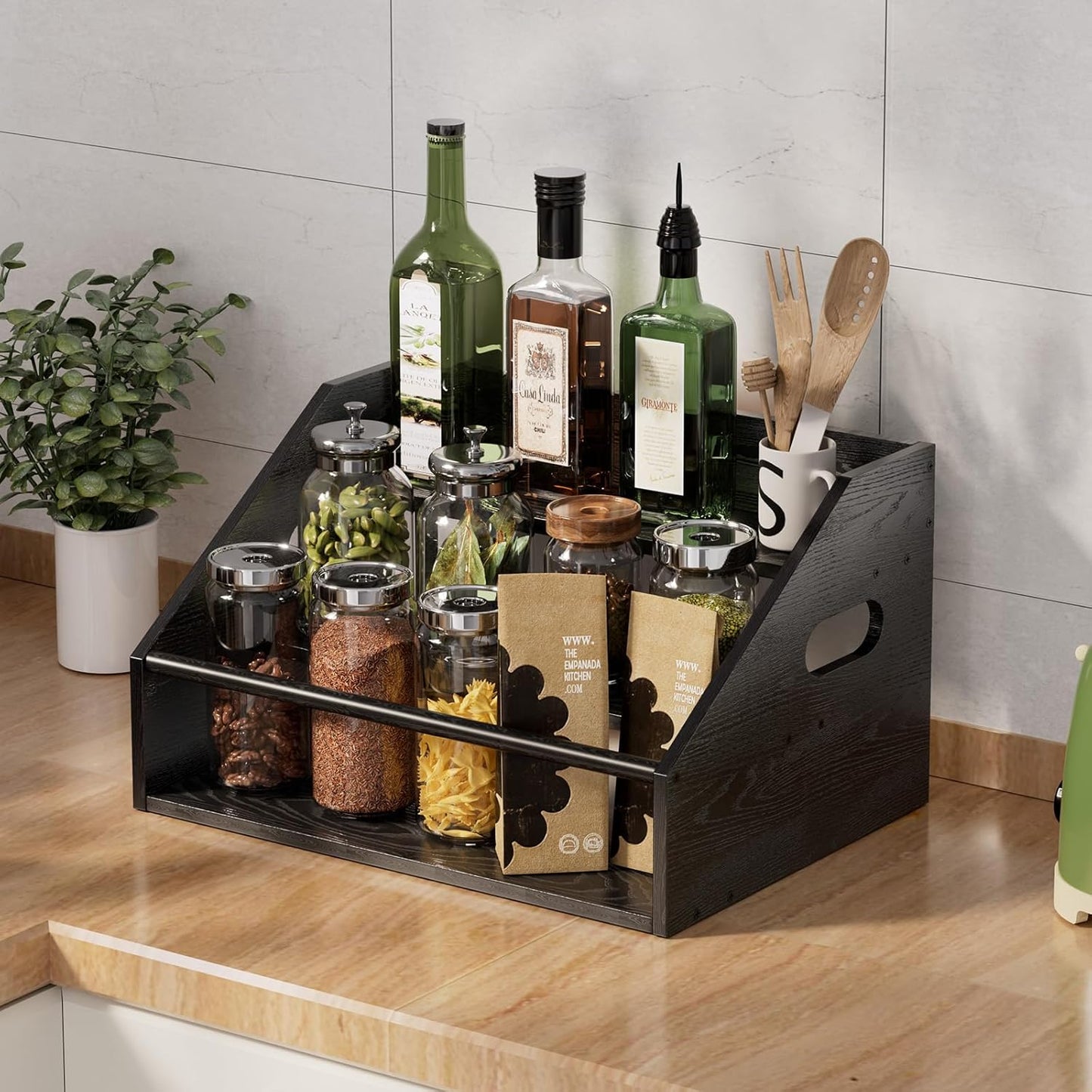 2Pack 3 Tier Wood Liquor Bottle Display Shelf, Coffee Syrup Organizer Rack, Wine Racks Countertop, Bar Shelf for Vodka Tequila Whiskey, Liquor Cabinet for Home Decor, Mini Bar, Black Bar Organizer