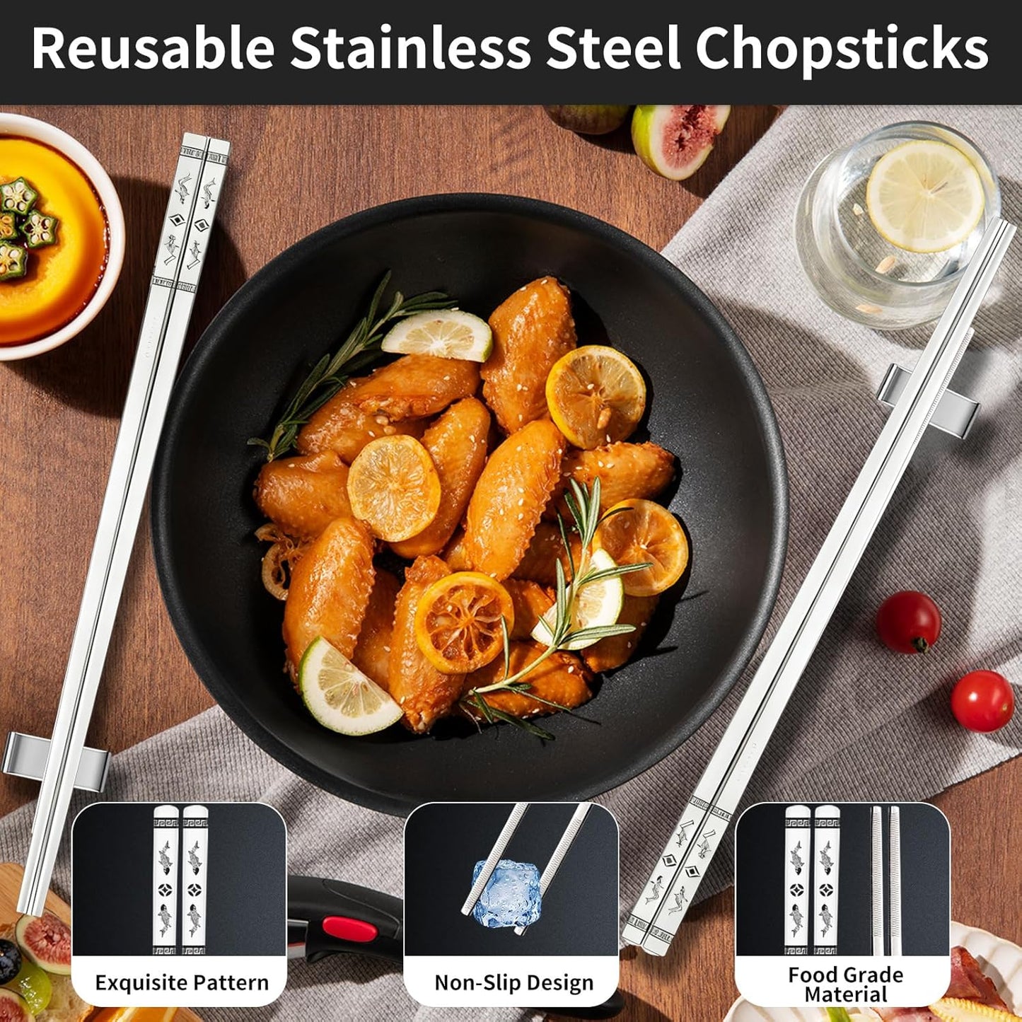Metal Chopsticks Reusable 2 Pairs: Stainless Chopstick with Two Holders Set ,Dishwasher Safe,Non-Slip,Gift Box Packaging,Laser Engraved,Japanese Chinese Korean Chop Sticks for Cooking Eating