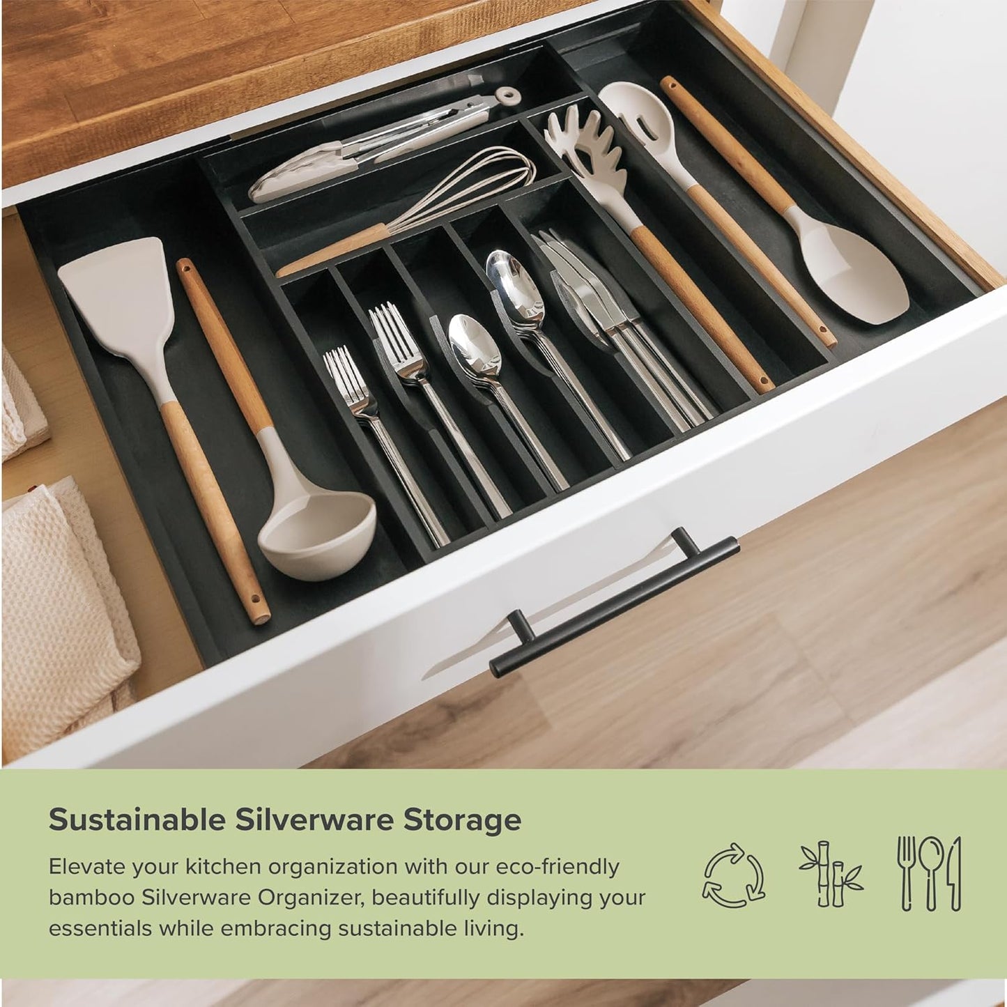 KitchenEdge Premium Silverware, Flatware and Utensil Organizer for Kitchen Drawers, Food-Safe Contract Grade, Expandable from 14.5 to 25 In, Black Bamboo