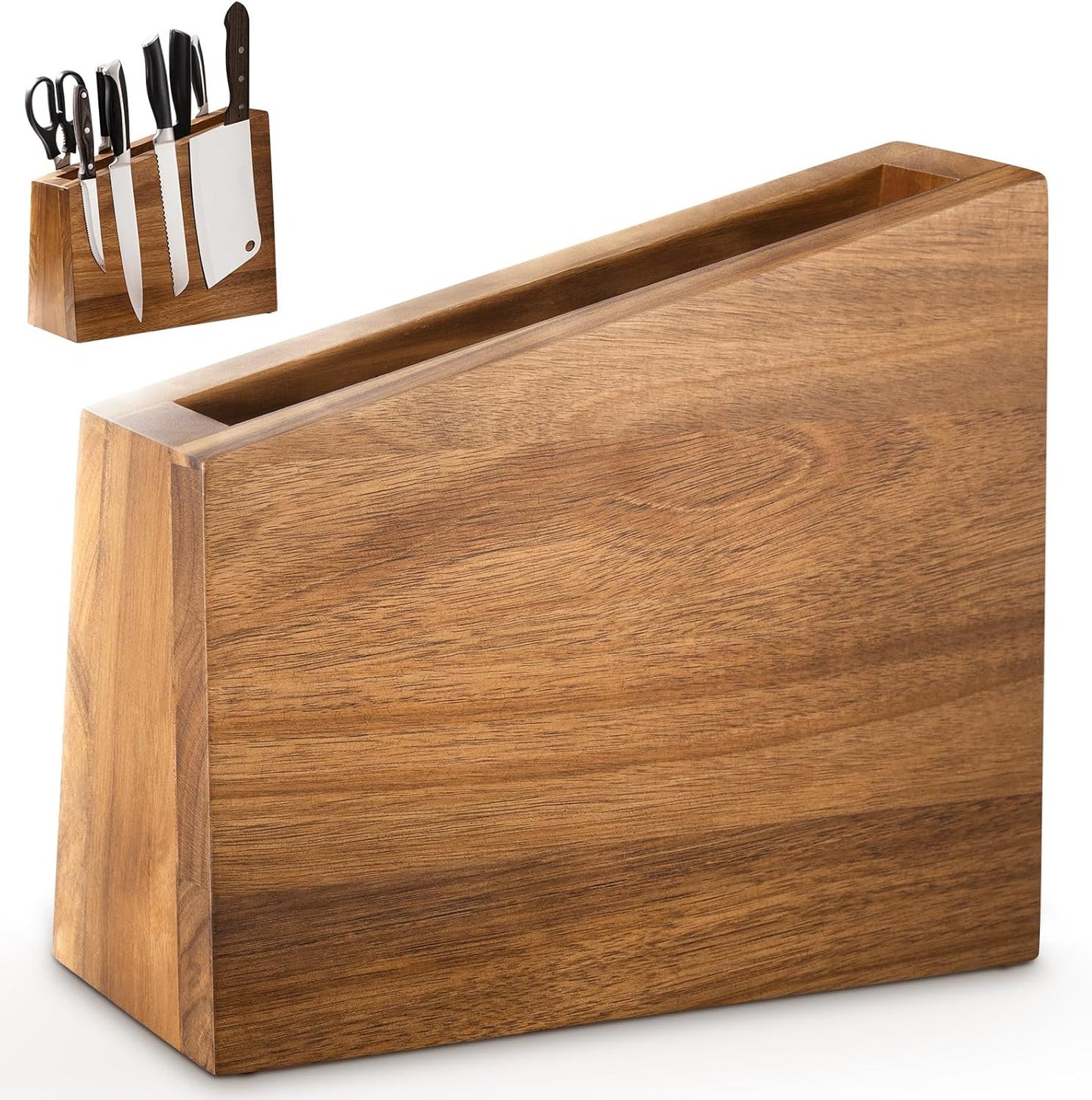 XXXL Magnetic Knife Block 11.8x10 inches, 4-Side Universal Knife Holder Builted in Powerful Magnet, Natural Acacia Wood Knife Storage Organizer for Kitchen Display