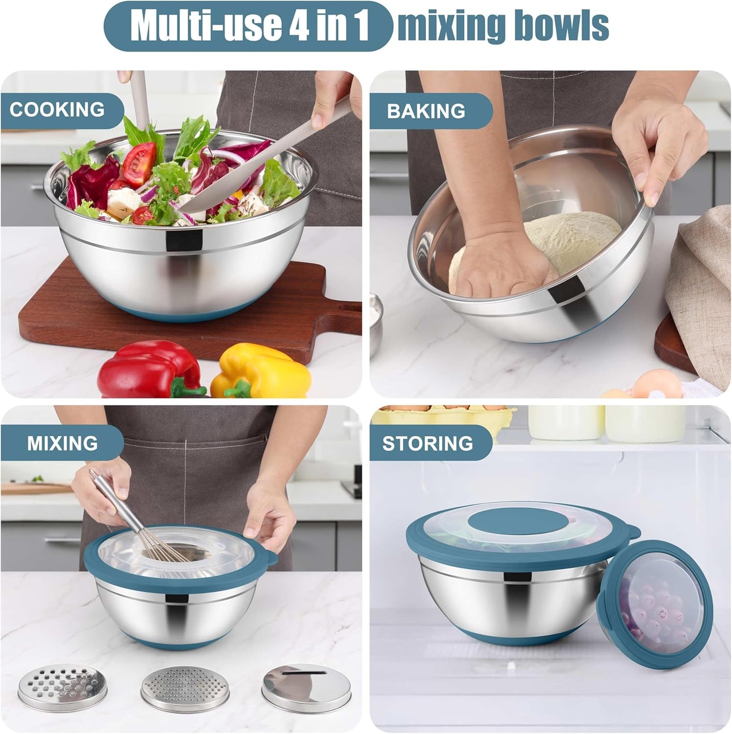 E-far Mixing Bowls with Lids Set, 15PCS Stainless Steel Mixing Nesting Bowls with Colander and 3 Metal Graters for Kitchen, Non-Slip Bottom & Airtight Transparent Lid, 4.6, 3, 1.5, 1, 0.7QT, Blue