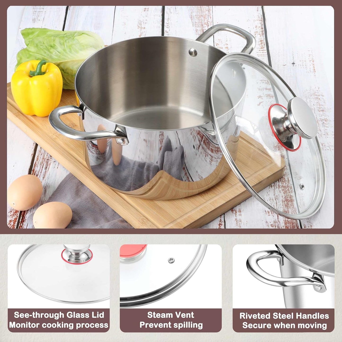 Herogo 4.5 Quart Stock Pot, Tri-Ply Cooking Pot with Lid, 18/10 Stainless Steel Pasta Stockpot with Handles, 4.5 QT Stockpot for Induction Electric Gas Stove, Dishwasher Safe