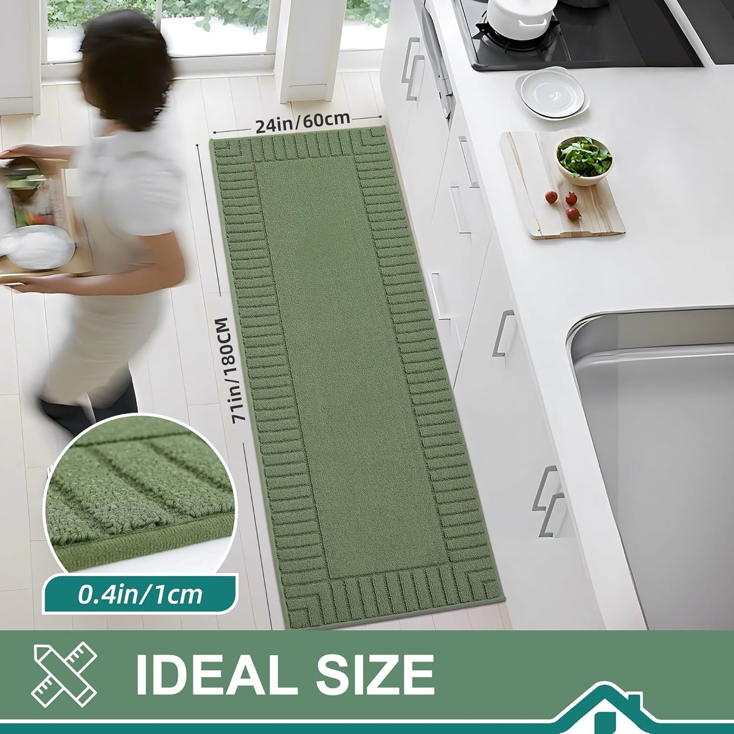 BEQHAUSE-Kitchen-Rugs-Non Slip-Kitchen-Mats-for-Floor Machine Washable Kitchen Rugs Absorbent Kitchen Carpet with TPR Non Skid Backing,Green, 24”x71”