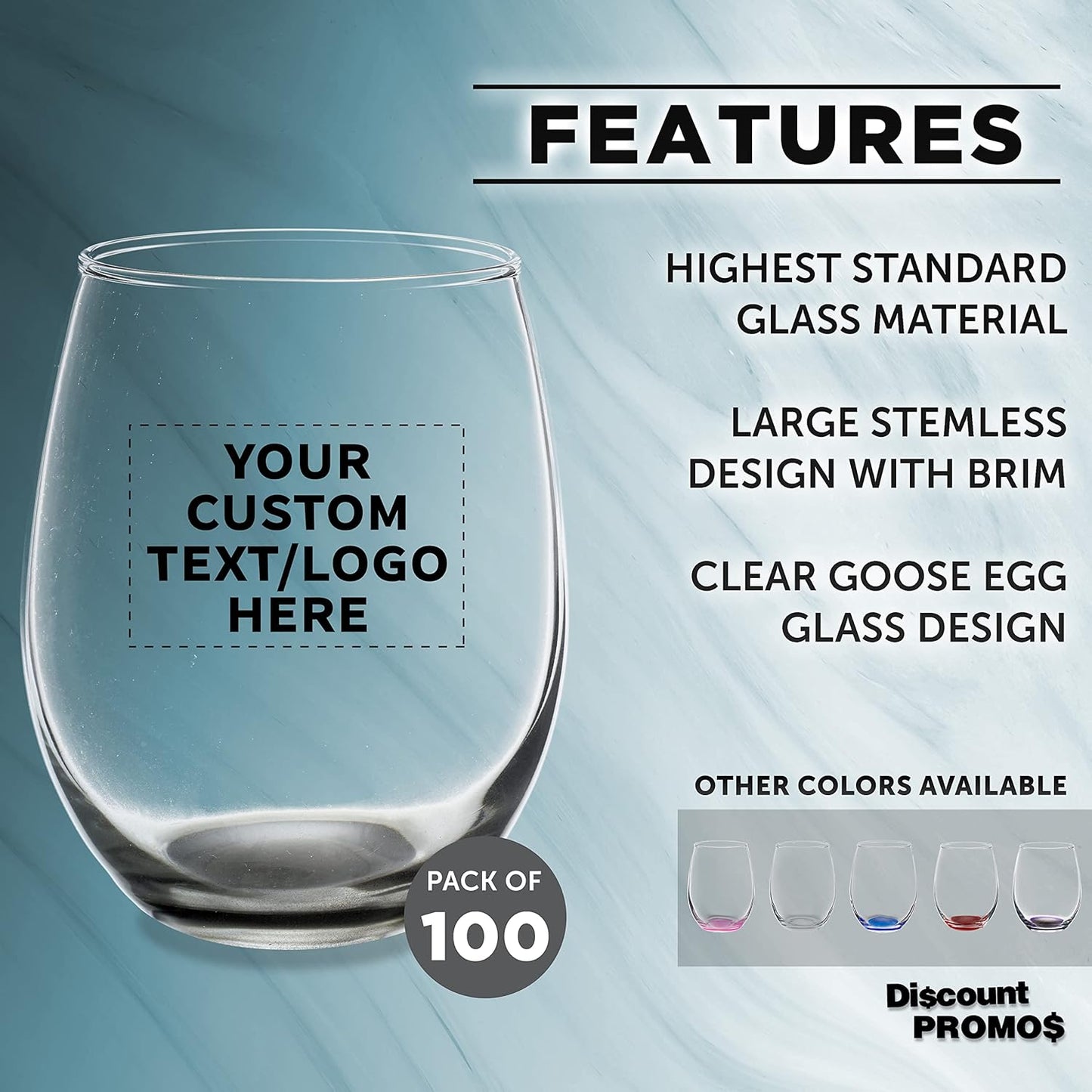 Custom Stemless Wine Glasses in Bulk by ARC Perfection, 15 oz, 100 pack, Personalized Text, Logo, Red or White Wine Glass Set, Black