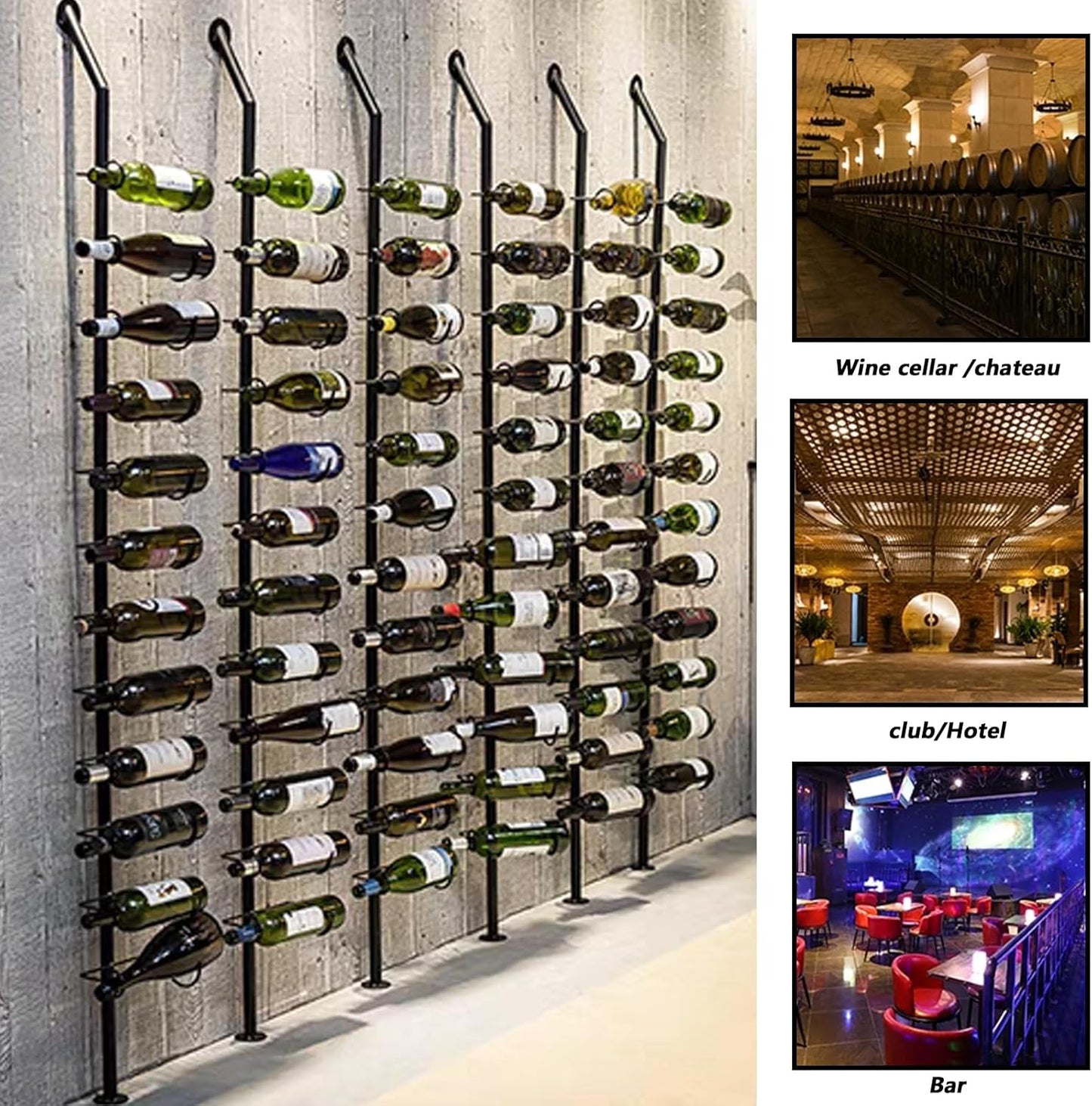 Wine Rack Wall Mounted, 72.8in High Metal Wine Bottle Holder for 12 Bottles, Kitchen Organization and Wine Storage for Commercial Restaurants Pantry Bar Wine Cellar (Black, Four rows-48 Bottles)