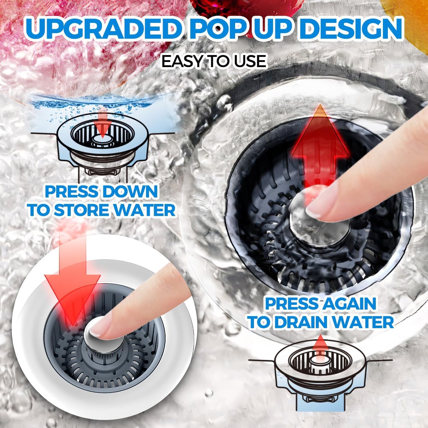 zaa Kitchen Sink Drain Strainer - Kitchen Sink Stopper, Stainless Steel Kitchen Drain Plug & Cover with Anti-Clogging Basket Strainer, Fit US Standard 3-1/2'' Sink Drain Hole, Silver