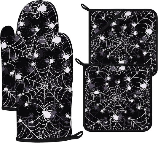 Spider Web Oven Mitts and Pot Holders Sets 4Pcs,Extra Long Oven Gloves Potholder for Kitchen Cooking Baking BBQ 100% Cotton Heat Resistant